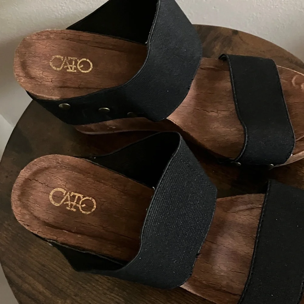 Cato Black Elastic Double-Strap Wedge Sandals